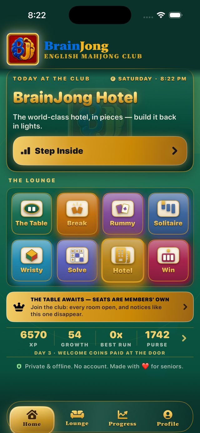 Today at the Club — the BrainJong home screen
